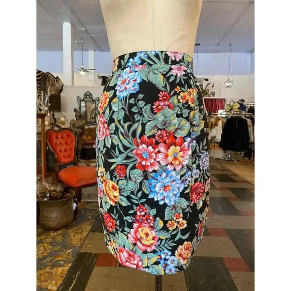 1980s denim skirt and jacket bright flower print 80s fashion 2 piece jean sm - Picture 4 of 10